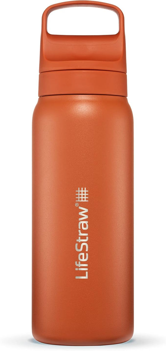 LifeStraw Go Series – Insulated Stainless Steel Water Filter Bottle for Travel and Everyday use removes Bacteria, parasites and microplastics, Improves Taste, 24oz Kyoto Orange