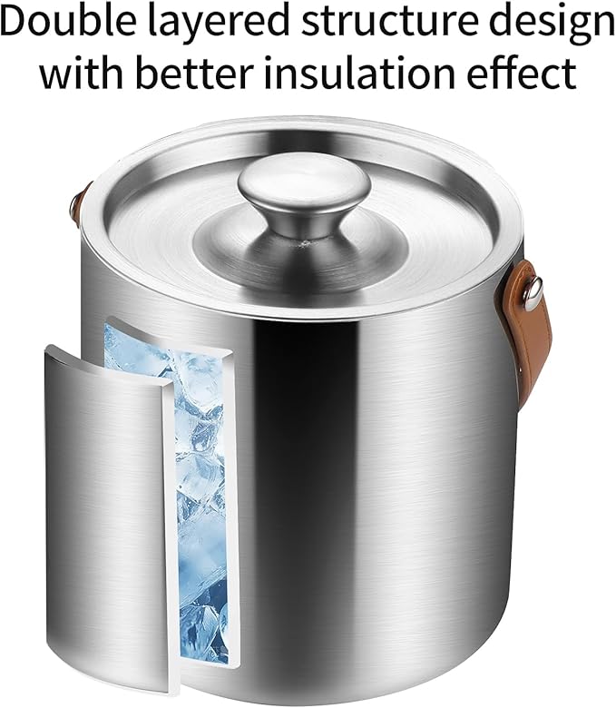 Stainless Steel Double-Wall Insulated Ice Bucket with Lid, Scoop, Tong, Strainer, Leather Handle Keep Ice Frozen Longer Large Wine Ice Buckets for Parties Cocktail Bar Chilling Champagne 2L