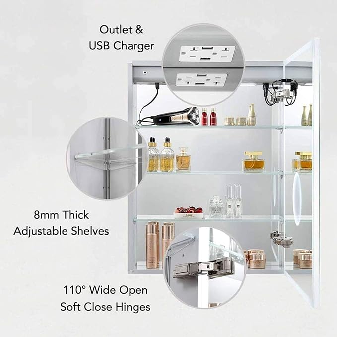 Blossom LED Lighted Mirror Medicine Cabinet, 20x32 Inch, Right Hinge | Recessed or Surface Bathroom LED Medicine Cabinet with Mirror, Defogger, 3 Color Dimmer | 3X Makeup Mirror, Outlets & USB Ports