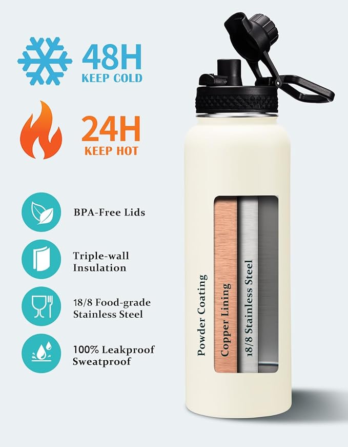 40oz Insulated Water Bottle with Straw - Pop-up Chug Lid (Cold-48H Hot-24H) Stainless Steel Water Bottles Sweat Proof, Metal Hydro Thermo Jug w/Strap Carrier Bag, Paracord Handle, Cream White