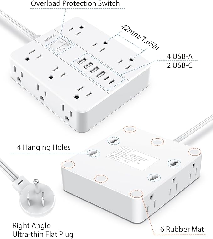 Power Strip Flat Plug with 12 Outlets 6 USB(2 USB C),SMNICE Surge Protector Charging Station with Overload Protection,5ft Extension Cord Widely Spaced Multiple Outlets for Home Office Dorm Essentials