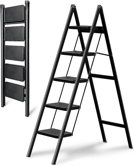 Double Elite Step Ladder 5 Step Folding, Sturdy 330 Lbs Load Small Step Stool for Adults, Safer Full Steel Multi-use Kitchen Ladder for Home/Closet, with Anti-Slip Wide Pedals, Black