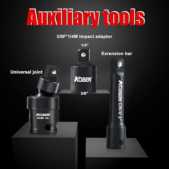 AOBEN 1/4-Inch Drive Impact Socket Set, 54 Pieces, 6 Point, SAE/Metric, (5/32" - 9/16" ，4mm -15mm)，Deep/Shallow, Cr-V Steel, Includes Extension bars and Socket Adapter