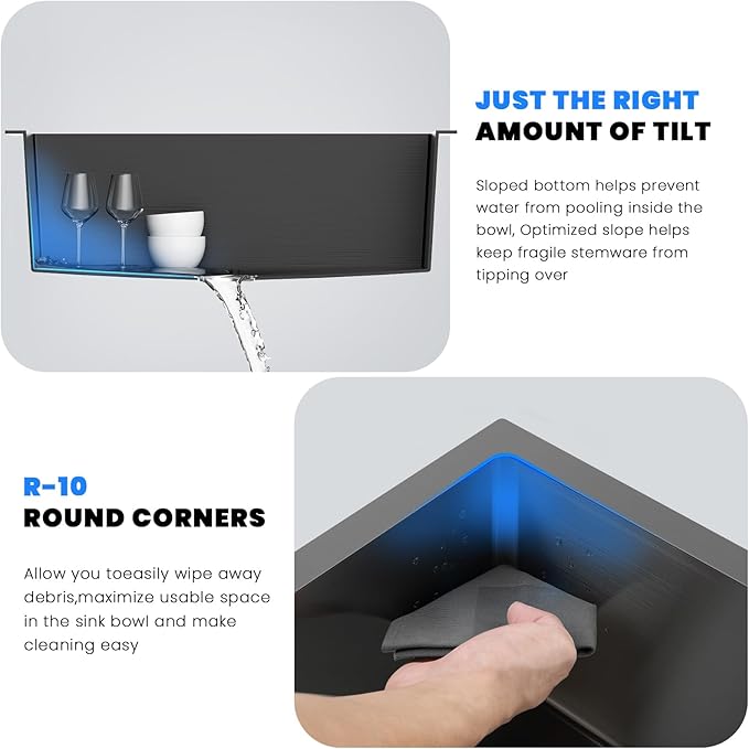 POPFLY 22x18 inch Drop In Kitchen Sink, 18 Gauge 304 Stainless Steel Top mount Single Bowl Handmade 2 Holes Bar Small Sink 9 inch Deep, Black 18" Kitchen Prep Sink