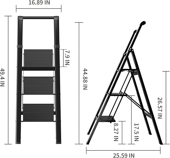 3 Step Ladder,Folding Step Stool with Aluminum Wide Pedal& Convenient Handgrip,330lbs Capacity Steel Ladder for Household and Office(Black)