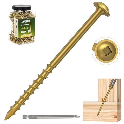 Pocket Hole Screws 2-1/2 Inch，320Pcs Exterior Pocket Screws #8 X 2-1/2" Reverse-Thread 2X Faster Self-Tapping for Woodworking DIY Projects Pocket Joinery Drive Bit Included(Gold)