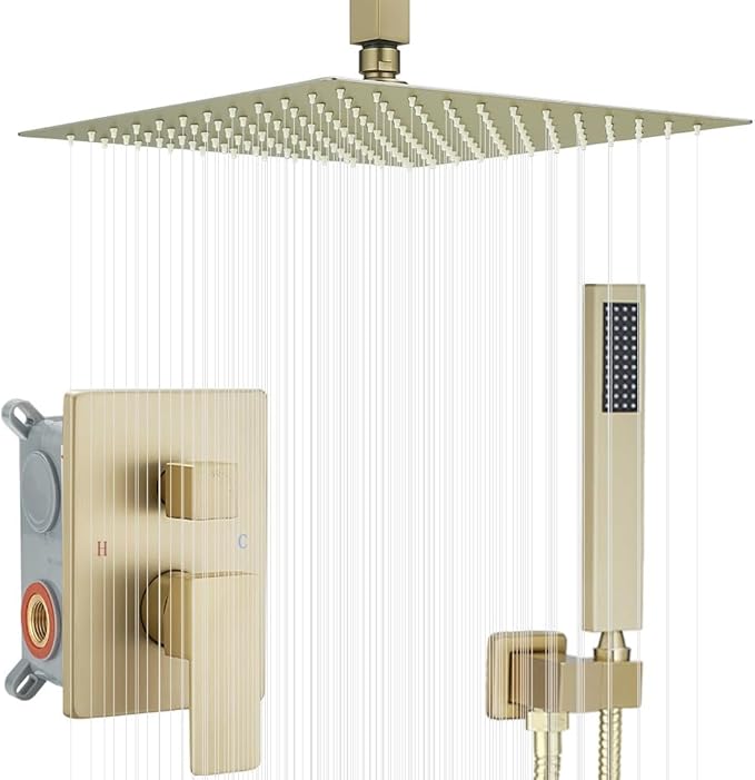 16 Inch Ceiling Mount Brushed Gold Shower System Bathroom Luxury Rain Mixer Shower Combo Set Ceiling Rainfall Shower Head System (Contain Shower Faucet Rough-in Valve Body and Trim)