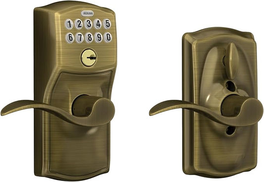 SCHLAGE FE595 CAM 609 ACC Camelot Keypad Entry with Flex-Lock and Accent Levers, Antique Brass