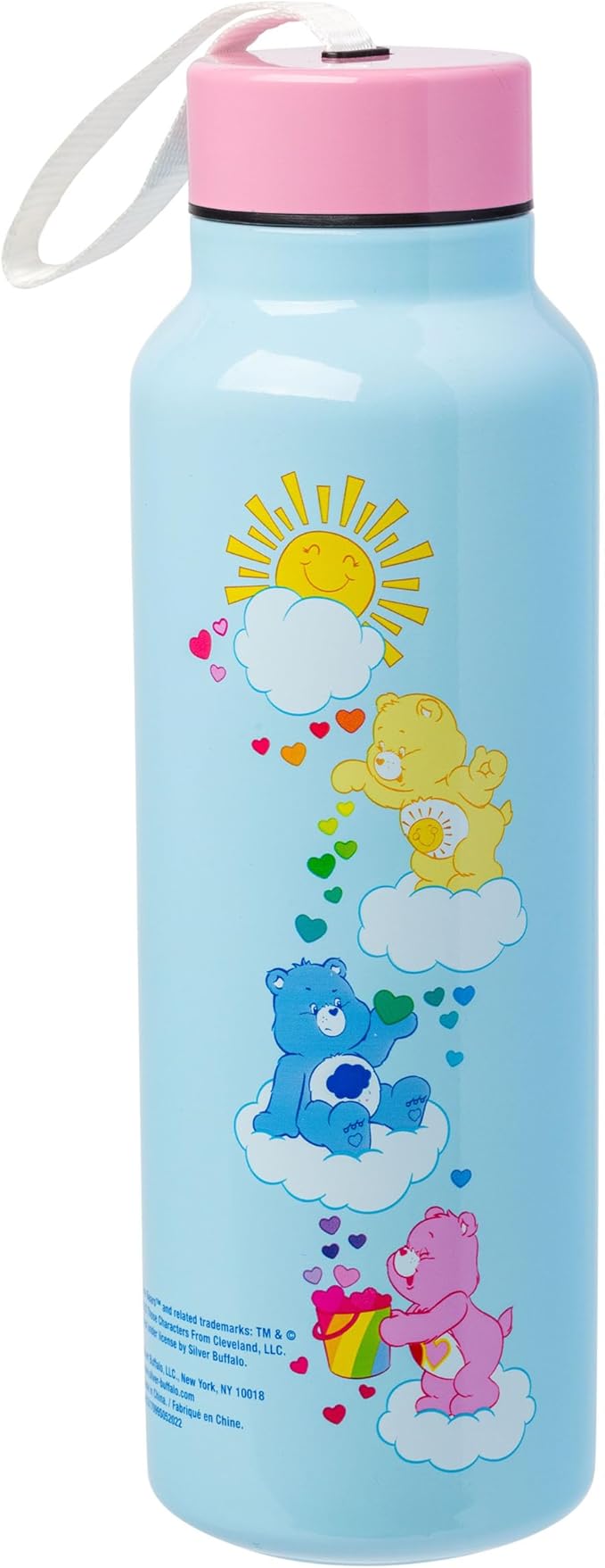 Silver Buffalo Care Bears Sun Shower Stainless Steel Blue Water Bottle with Strap, Features Cheer Bear, Funshine Bear, and Tenderheart Bear, 27 Ounces
