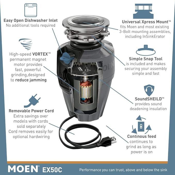 Moen Gray EX Series Prep Series 1/2 Horsepower Garbage Disposal, EX50C