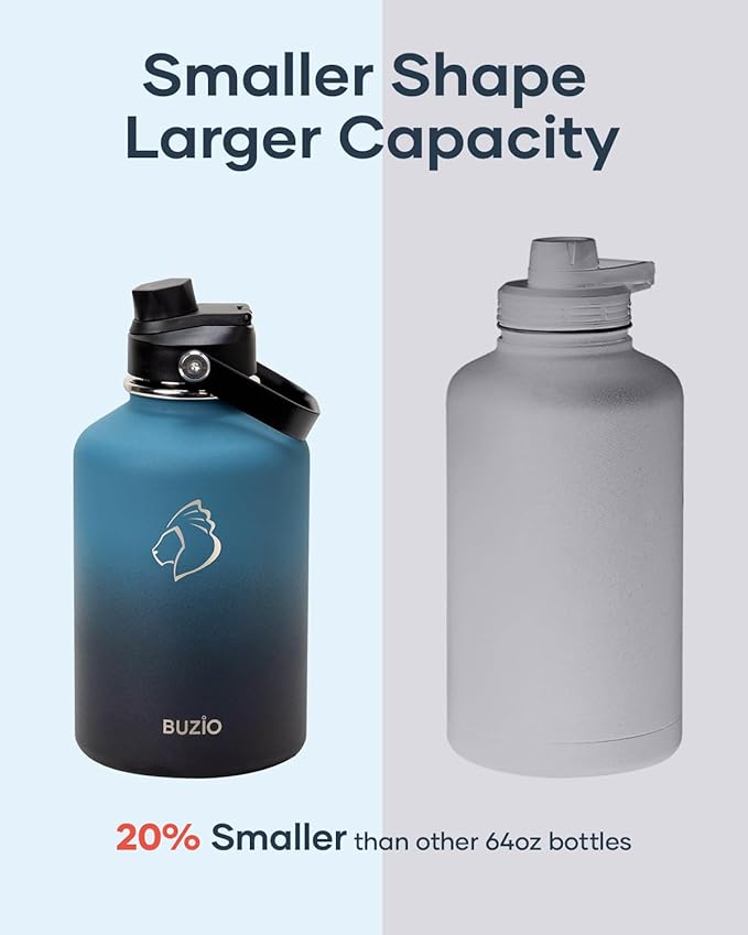BUZIO 64 oz Insulated Water Bottle, Half Gallon Stainless Steel Water Jug with Straw Lid & Carrying Case, Keep Cold 48h Large Lead-Free Vacuum Metal Thermo Water Flask for sports Camp, Indigo Crush