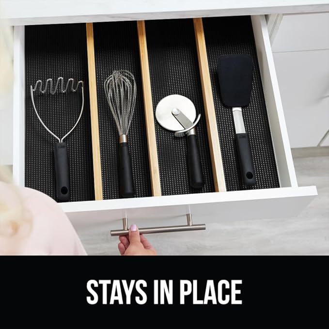 Gorilla Grip powerGRIP Drawer Shelf and Cabinet Liner, Thick Strong Hold, Non-Adhesive Liners Protect Kitchen Cabinets and Cupboard, Bathroom Drawers, Easy Install, Breathable Mat, 12" x20', Black