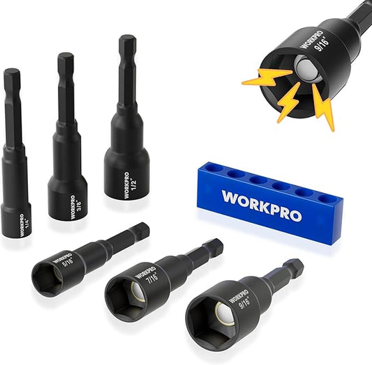 WORKPRO 6 PCS Magnetic Nut Driver Set, Metric & SAE, 1/4" Hex Shank, Drill Socket Set, Impact Driver Bit Set, 1/4” to 9/16”, Chrome Vanadium Steel