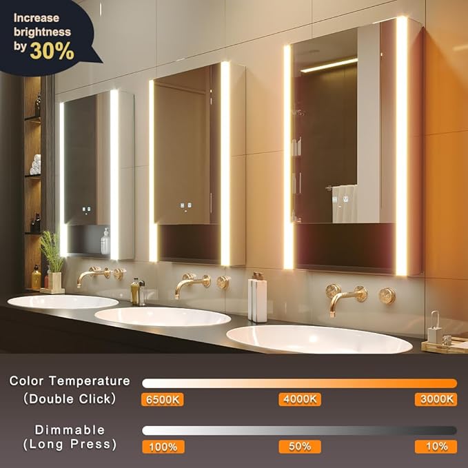 KWW LED Lighted Bathroom Medicine Cabinet with Sockets & USBs, Defogger, Dimmable, 3 Color Light Makeup Mirror, Easy to Install, Wall Mounted Cabinet (21 * 34)