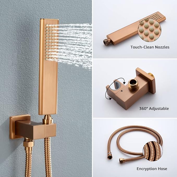 Iriber Brushed Rose Gold Rain Shower System with 12 Inch Shower Head and Handheld Bathroom Wall Mounted Shower Set Contain Shower Faucet Mixer and Trim Kit (Valve Included)