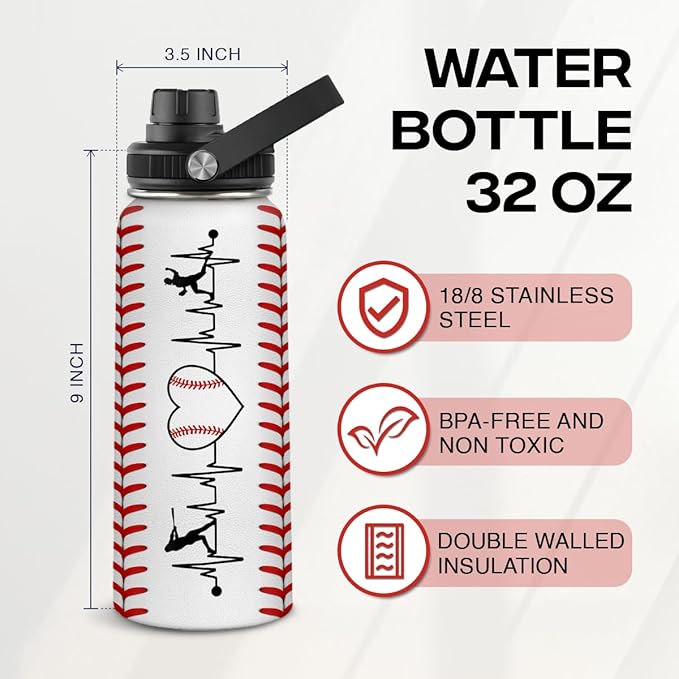 SANDJEST Baseball Water Bottle 32oz Stainless Steel Insulated Bottles for Men Women Sports Lovers Baseball Fan Players Coach - Baseball Gifts for Birthday Christmas