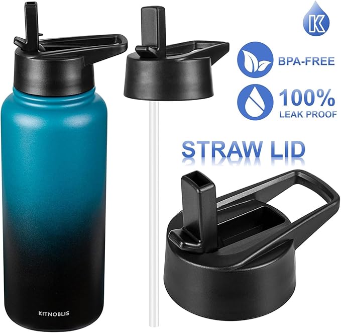 Water Bottle Insulated 32oz Straw Lid, Leak Proof, Vacuum Insulated,Stainless Steel Water Bottle Wide Mouth for Sports, Gym, BPA-Free Keep Cold 24H Hot 12H (Dark green)