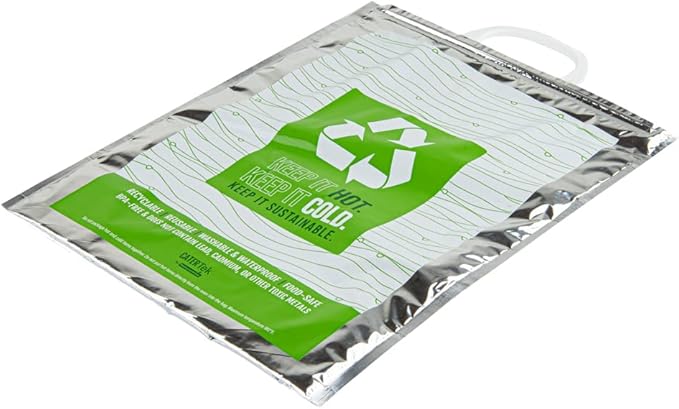 Restaurantware Cater Tek 11.8 x 5.9 x 15 Inch Hot And Cold Bag 1 Triple Layer Insulated Bag - Snap Lock Handles Waterproof Green & Silver Plastic Thermal Lunch Bag For Frozen & Hot Items