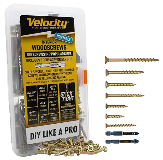 Velocity Interior Wood Screws Assortment Kit in 7 Sizes, Stick Tight Technology, Zinc Plated Carbon Steel, Includes 2 PSD ACR Drive Bits, Set Screw Assortment Kit Storage Organizer (155 Pieces)
