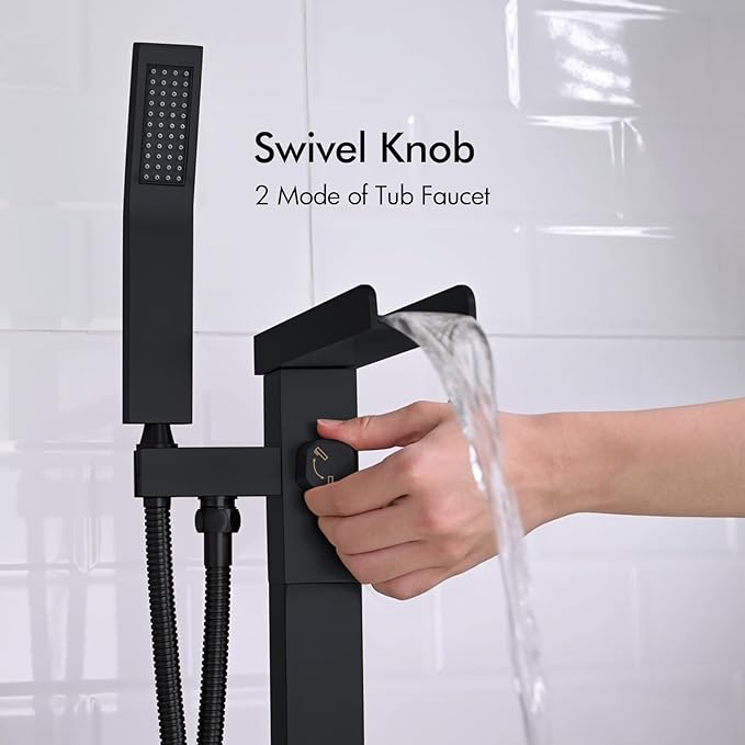 BAGNOLUX Solid Brass Floor Mount Bathtub Faucet Free Standing Tub Faucet Freestanding Tub Filler Black with Hand Shower High Flow Rate Swivel Spout Set, YGSLT-Waterfall Black