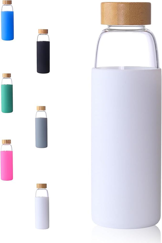 Laster Glass Water Bottle 20 Oz, 600 ml, made of Borosilicate Glass, 1 Bamboo & 1 Stainless Steel Lid, BPA Free, Non-Slip Silicone Sleeve (White)