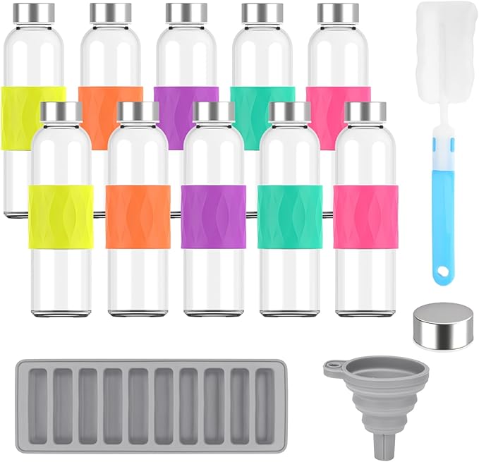 Clear Glass Water Bottles with Silicone Sleeve and Lids 18 oz, Reusable Glass Juice Bottles with Stainless Steel Airtight Cap for Juicing, Leak Proof Drinking Bottles, BPA Free, Set of 10
