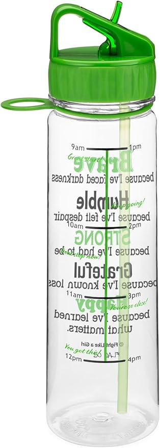 Fight Like a Girl Brave SlimKim 30 oz Motivational Water Bottle with Time Marker & Straw for Lymphoma, Lyme Disease Awareness - Reusable Clear Water Bottle for Workout, Gym, Travel - Lime Green