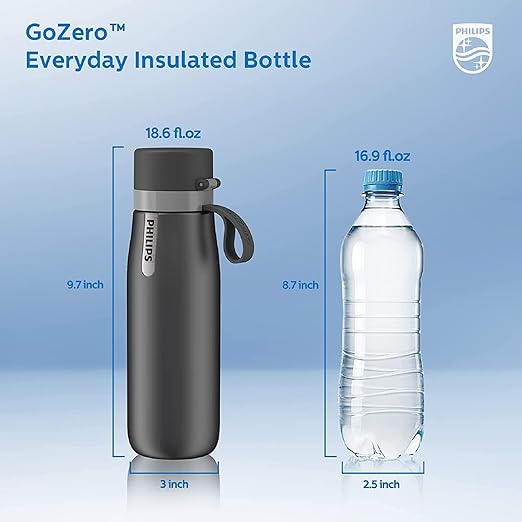 PHILIPS Insulated Stainless Steel Filtered Water Bottle with 3 Philips GoZero Everyday Tap Water Filters BPA Free Transform Tap Water into Healthy Tastier Water Keep Drink Hot/Cold, 18.6 oz, Grey