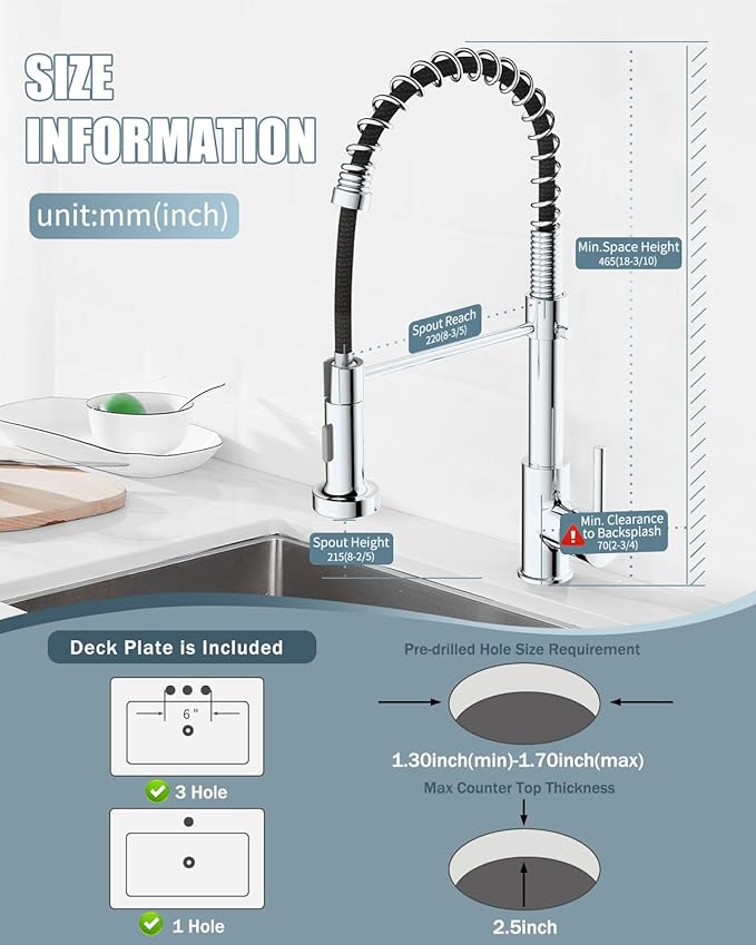 Kitchen Faucet, Commercial Kitchen Sink Faucets with Pull Down Sprayer, Stainless Steel Faucets for Kitchen Sinks, Dual Function Spray Head, Single Handle Spring Kitchen Faucets -Chrome Finish