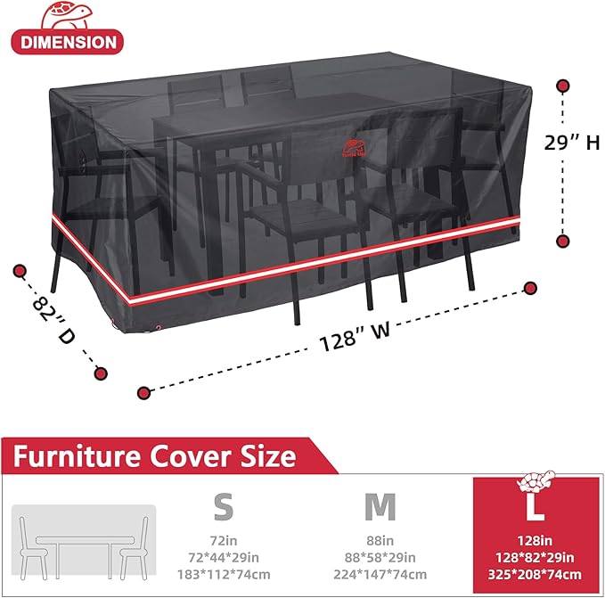 Turtle Life Patio Furniture Sets Cover, Heavy Duty Rectangular Durable Waterproof Outdoor UV Resistant Anti-Fading Dining Table Chairs Furniture Cover, Black, 128"L x 82"W x 29"H
