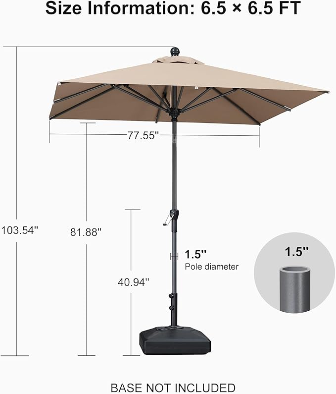 PURPLE LEAF 6.5' x 6.5' Square Patio Umbrella Outdoor Table Umbrella Aluminum Frame Market Umbrella Sun Umbrella with 8 Sturdy Ribs Tilt for Garden Deck Lawn Pool Light Taupe