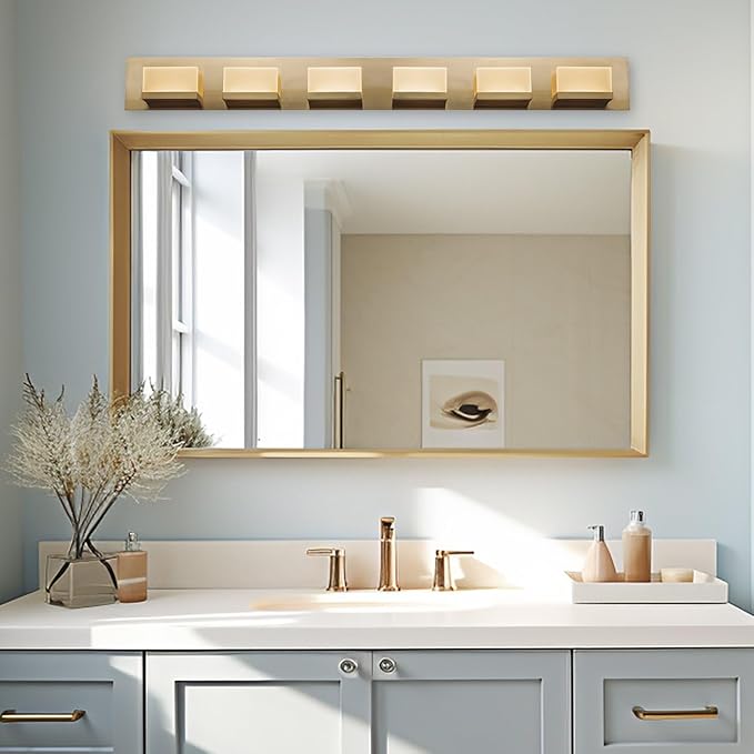 Kira Home Everett 48" Modern 6-Light 60W Integrated LED (360W eq.) Bathroom/Vanity Light, Rectangular Acrylic Lenses, Energy Efficient, Eco-Friendly, 3000k Warm White Light, Cool Brass Finish