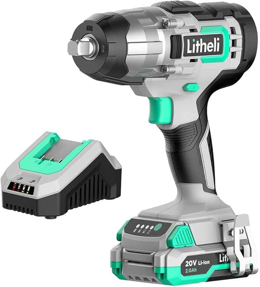 LiTHELi Impact Wrench Cordless, 1/2 inch Power Impact Wrenches, 20V Impact Gun Kit with 2.0Ah Li-ion Battery ＆ Fast Charger, Max Torque 320 ft-lbs