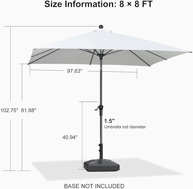 PURPLE LEAF 8' x 8' Square Patio Umbrella Outdoor Table Umbrella Aluminum Frame Market Umbrella Sun Umbrella with 8 Sturdy Ribs Tilt for Garden Deck Lawn Pool Light White