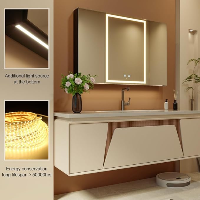 KWW LED Lighted Bathroom Medicine Cabinet with Sockets & USBs, Defogger, Dimmable, 3 Color Light Makeup Mirror, Easy to Install, Wall Mounted Cabinet (40 * 28)