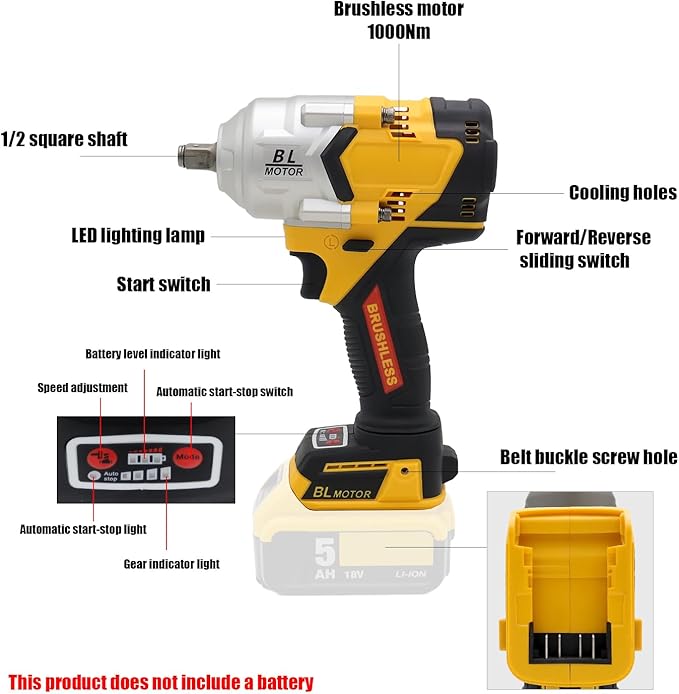 FSYO BL1000 Cordless Impact Wrench Replacement-for-dewalt-rotary hammer, 1/2" Drive, 1000Nm Torque, Brushless Motor, LED Light, 4-Stage Torque Settings, (No Battery/Charger Included)