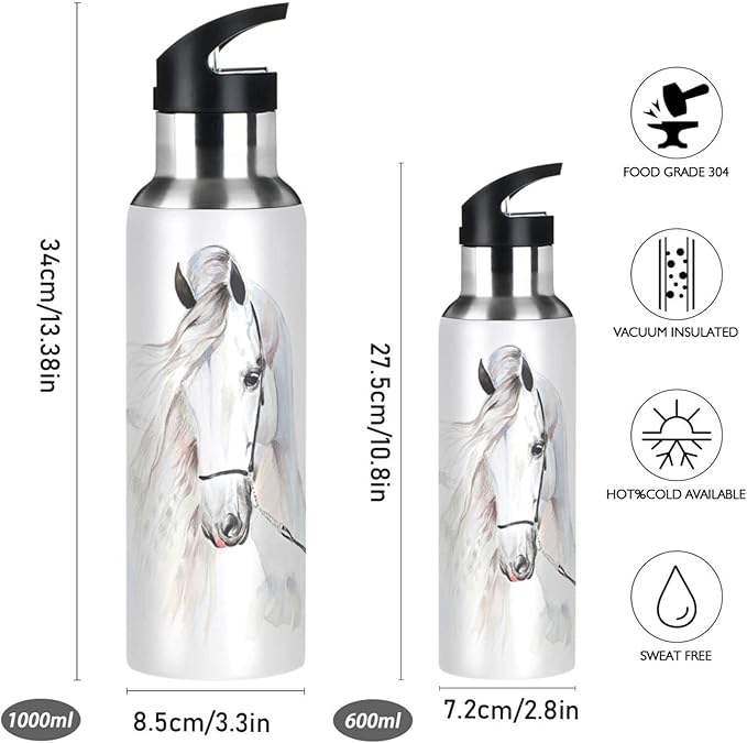 senya 34 Oz Water Bottle with Straw White Horse Stainless Steel Water Bottle for Traveling Sports Leakproof Insulated Water Bottle