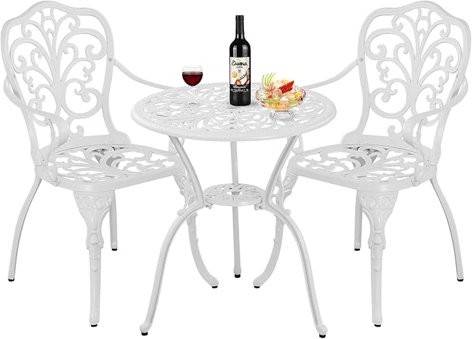 Patio Bistro Sets 3 Piece,Cast Aluminum Bistro Table and Chairs Set of 2 with 1.97" Umbrella Hole,All Weather Bistro Table Set Outdoor Patio Furniture for Garden,Yard(Butterfly White)