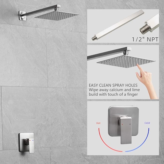 Shower Faucet Set Brushed Nickel, Single Function Shower Trim Kit with Rough-in Valve, Square Rain Shower Head System Included Extra Long Shower Arm for Bathroom