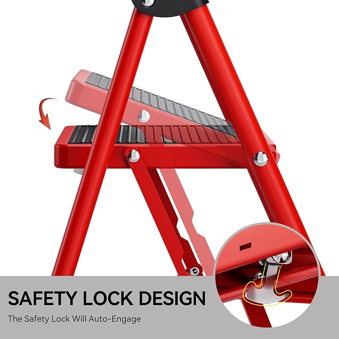 KINGRACK 2 Step Ladder, 2 Step Folding,Kitchen Ladder with Anti-Slip and Wide Pedal,Small Step Ladder with Handrails,Lightweight Portable Step Ladder for Kitchen Household,Red