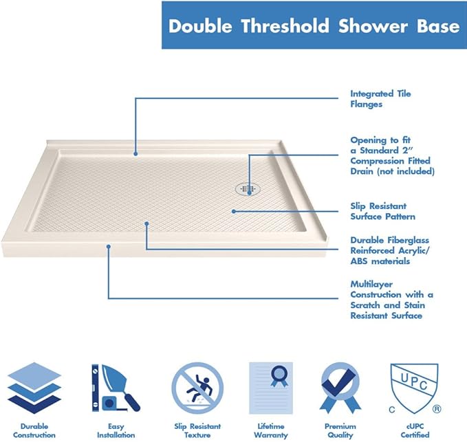DreamLine SlimLine 34 in. D x 48 in. W x 2 3/4 in. H Right Drain Double Threshold Shower Base in Biscuit, DLT-1034482-22