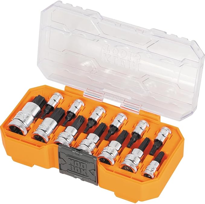 Klein Tools 65213TX Knurled TORX Bit Socket Set, T8 toT60, 1/4, 3/8 and 1/2-Inch Drives, Premium Cr-V Steel, MODBox Case, 13-Piece