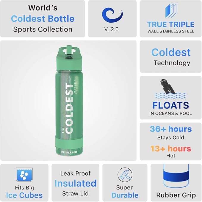 Coldest Sports Water Bottle with Straw Lid Vacuum Insulated Stainless Steel Metal Thermos Bottles Reusable Leak Proof Flask for Sports Gym (24 oz, Green Aurora Glitter)
