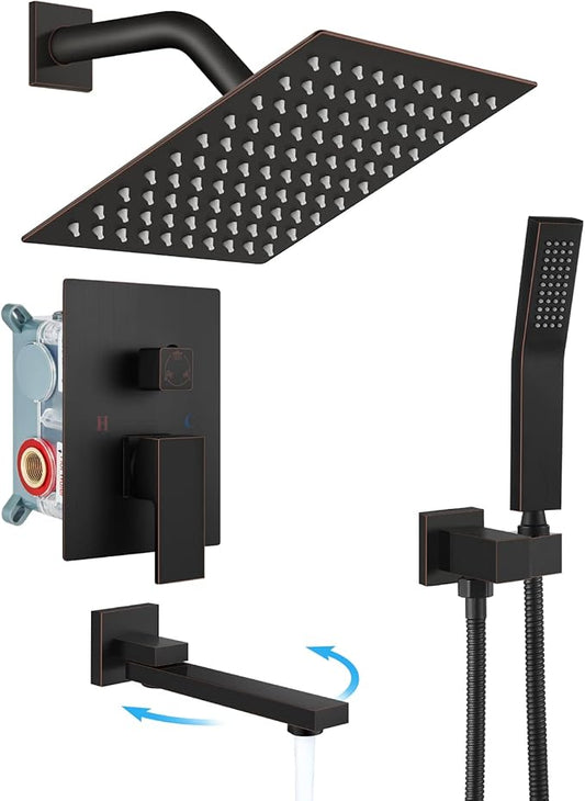 gotonovo Rainfall Tub Shower Faucet Set Bathroom Shower System with Tub Spout Wall Mount Square High Pressure Shower Fixtures with Handheld Sprayer Rough-In Valve 8'' Shower Head,Oil Rubbed Bronze