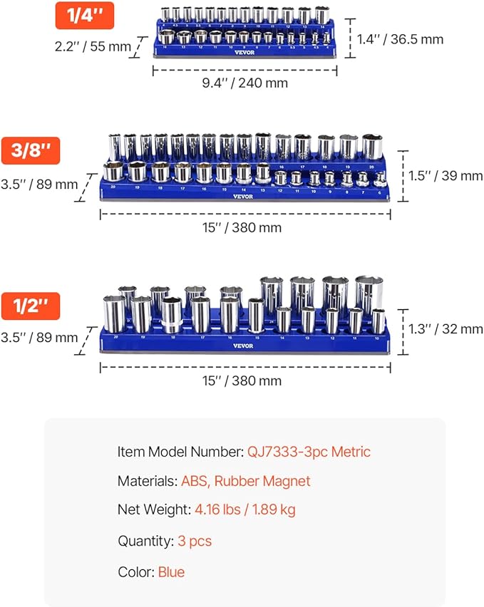 VEVOR Magnetic Socket Organizer Set, 3PCS Magnetic Socket Holder, 1/4'', 3/8'' & 1/2'' Metric Socket Trays with Clear Labels, Hold up to 75PCS Standard & Deep Sockets, Blue (Sockets Not Included)