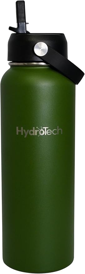 HydroTech Stainless Steel Leak Proof Water Bottle with Double Wall Insulation and 2 Lids (Straw Lid) - 40 OZ. (Dark Green)