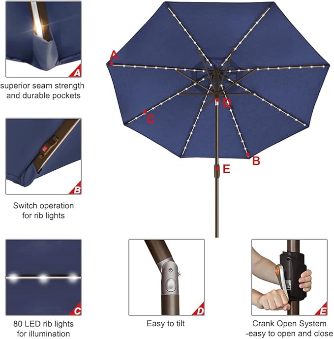 EliteShade USA 10-Year-Non-Fading Solar 9ft Market Umbrella with 80 LED Lights Patio Umbrellas Outdoor Table Umbrella with Ventilation, Navy Blue