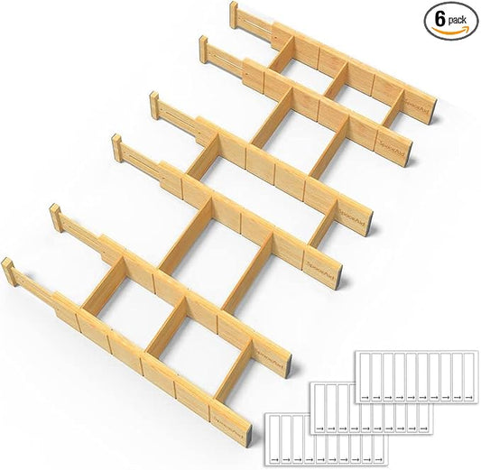 SpaceAid Bamboo Drawer Dividers with Inserts and Labels, Kitchen Adjustable Drawer Organizers, Expandable Organization for Home, Office, Dressers and Bathroom, 6 Dividers with 12 Inserts (17-22 in)