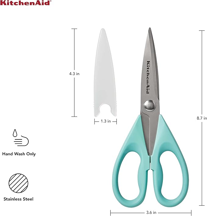 KitchenAid All Purpose Kitchen Shears with Protective Sheath for Everyday use, Dishwasher Safe Stainless Steel Scissors with Comfort Grip, 8.72-Inch, Aqua Sky