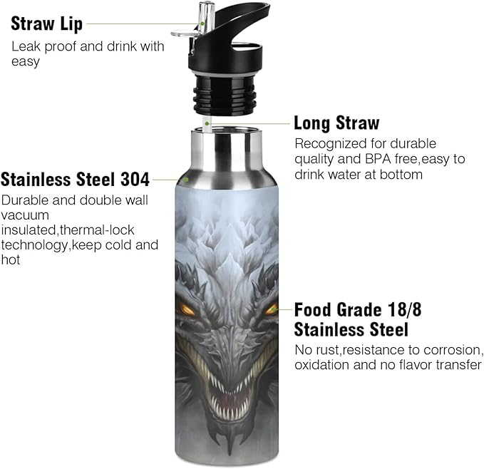 Blueangle 32 OZ Scary Dragon Water Bottle with Straw, Sports Water Bottle BPA Free Stainless Steel Water Jugs for Gym, Kitchen, Working, Outdoor（972）
